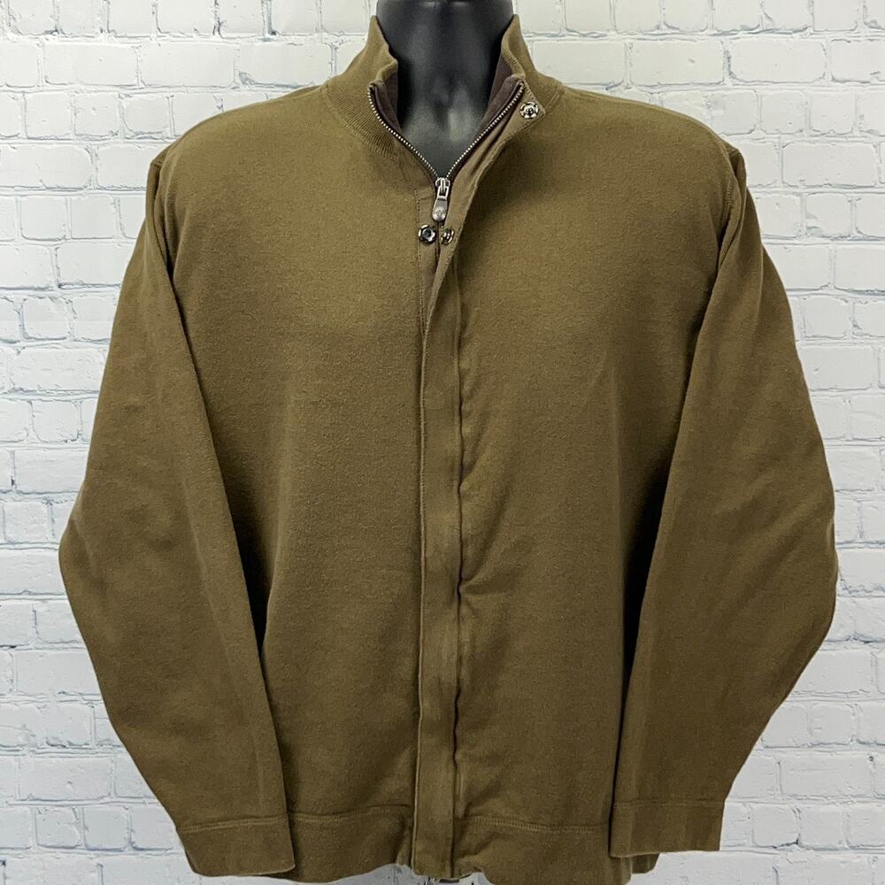 Nat Nast Full Zip Sweater Cotton Long Sleeve Mock Neck Olive Green Mens L Large